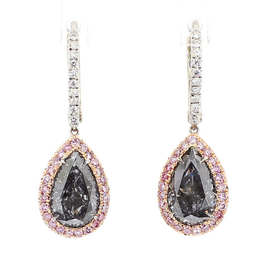 GIA Certified Fancy Gray Pear Diamond 4.58 Carat TW Platinum Drop Earrings