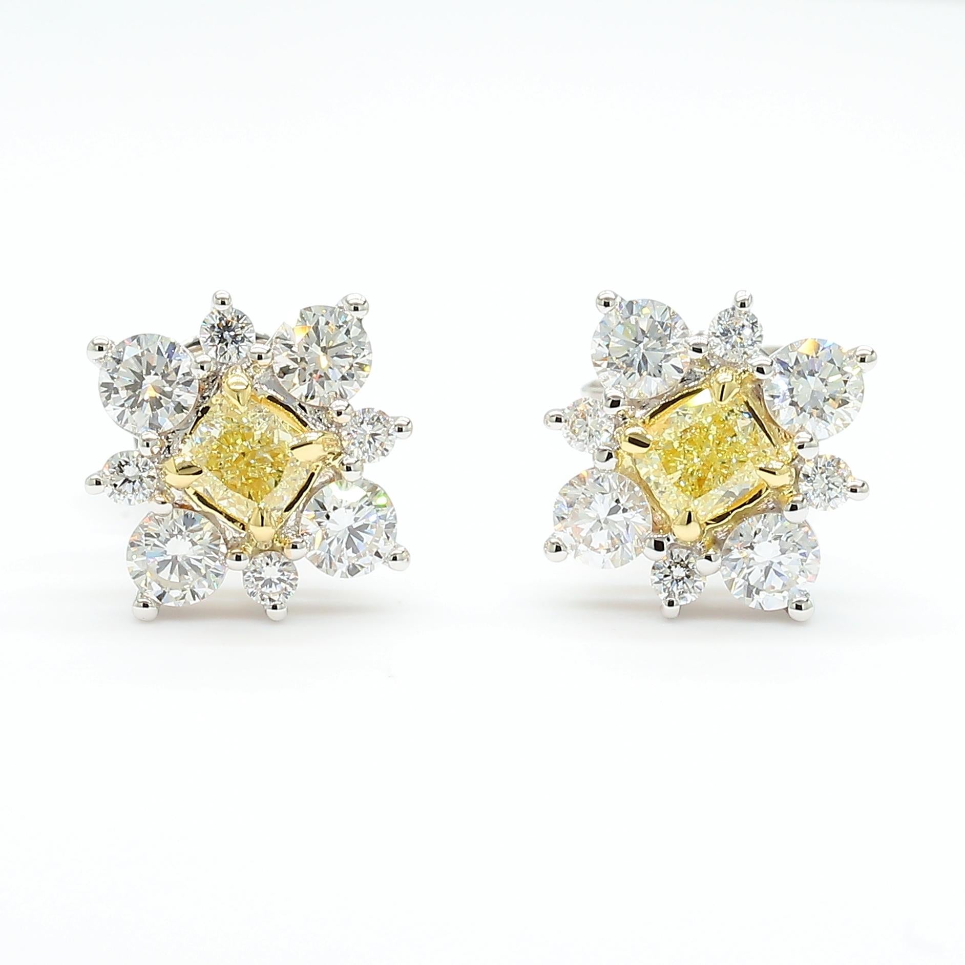 Natural Yellow Cushion Diamond 1.16 Carat TW Gold Stud Earrings