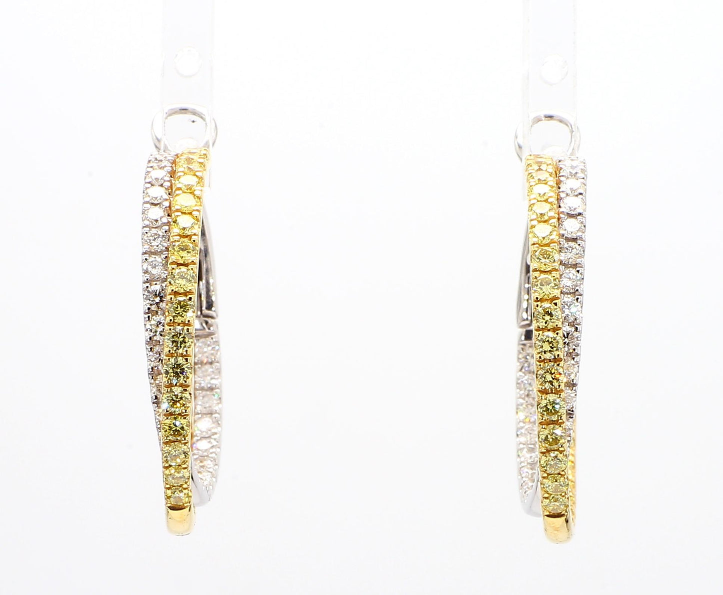 Natural Yellow Round and White Diamond 2.60 Carat TW Gold Hoop Earrings