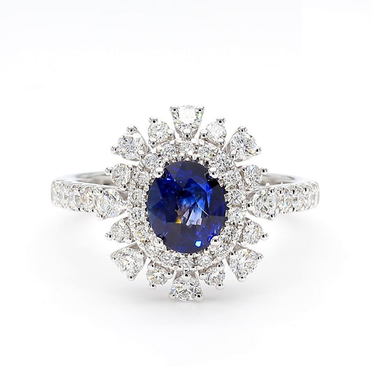 Natural Blue Oval Sapphire and White Diamond 2.11 Carat TW White Gold Ring