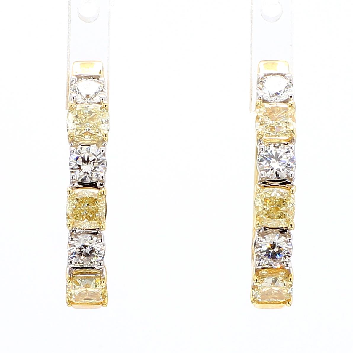 Natural Yellow Cushion and White Diamond 2.37 Carat TW Gold Hoop Earrings