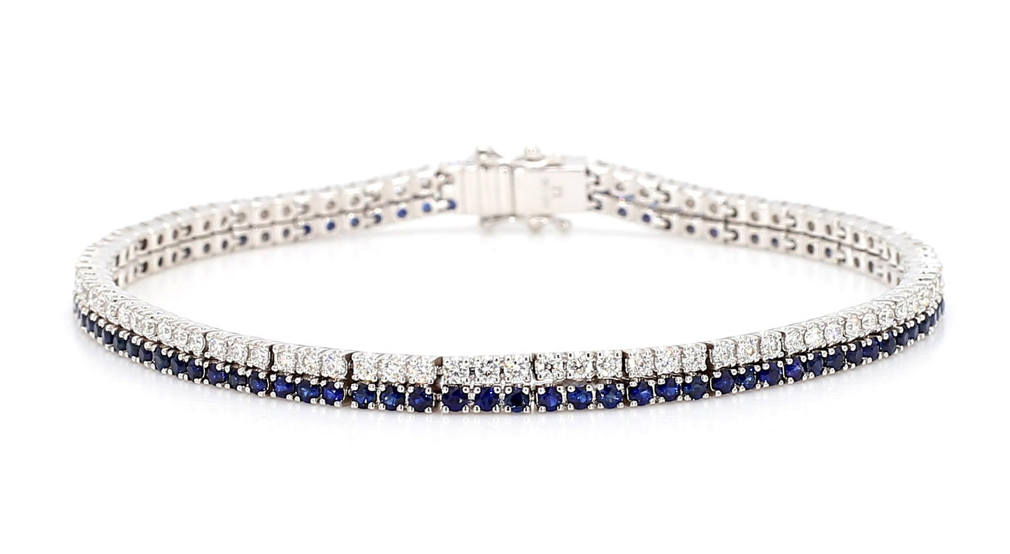 Natural Blue Round Sapphire and White Diamond 3.49 Carat TW Gold Tennis Bracelet