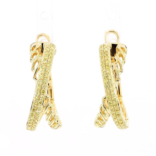 Natural Yellow Round Diamond 0.59 Carat TW Yellow Gold Hoop Earrings