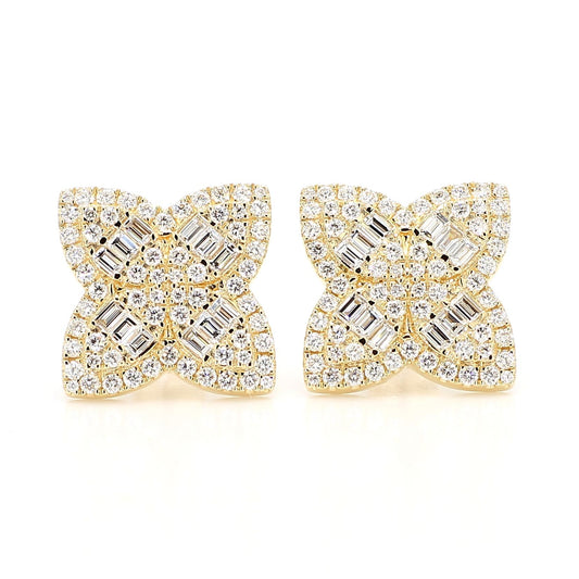 Natural White Baguette Diamond 1.83 Carat TW Yellow Gold Stud Earrings