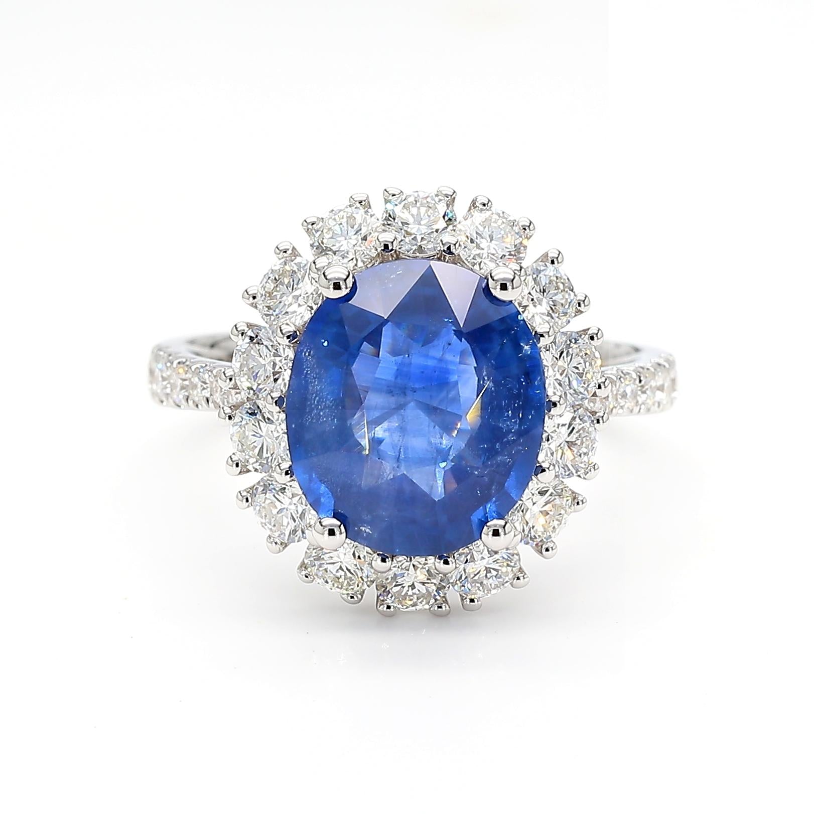 Natural Blue Oval Sapphire and White Diamond 5.51 Carat TW Gold Cocktail Ring