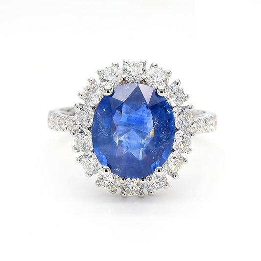 Natural Blue Oval Sapphire and White Diamond 5.51 Carat TW Gold Cocktail Ring