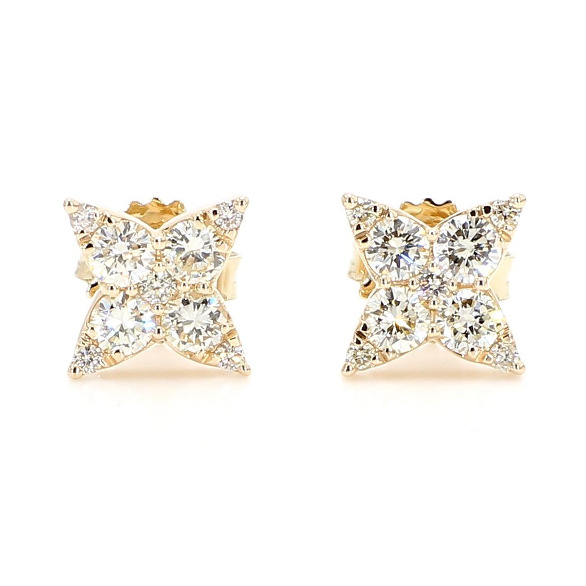 Natural White Round Diamond 0.87 Carat TW Yellow Gold Stud Earrings