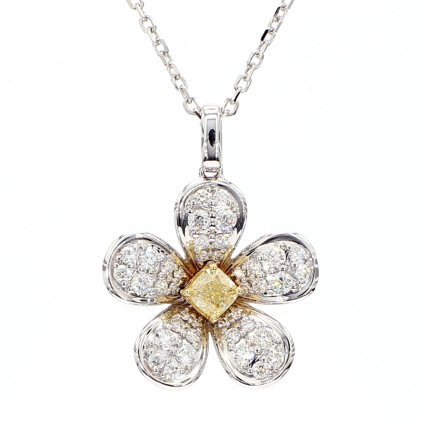 Natural Yellow Cushion Diamond 1.02 Carat TW Gold Flower Pendant
