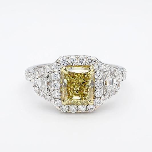 GIA Fancy Brownish Greenish Yellow Radiant Diamond 2.60 Carat TW Gold Ring