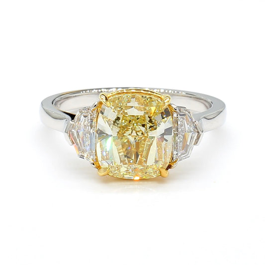GIA Certified Fancy Light Yellow Cushion Diamond 3.66 Carat TW Platinum Ring