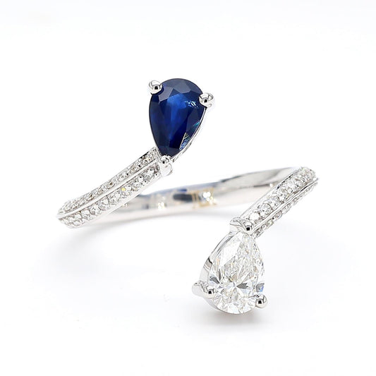 Natural Blue Pear Sapphire and White Diamond 1.19 Carat TW Gold Cocktail Ring