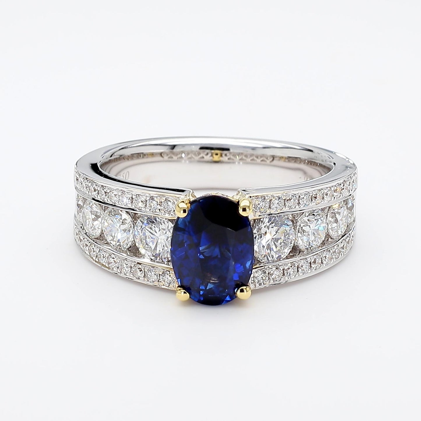 Natural Blue Oval Sapphire and White Diamond 3.22 Carat TW Gold Cocktail Ring