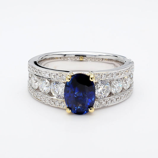Natural Blue Oval Sapphire and White Diamond 3.22 Carat TW Gold Cocktail Ring