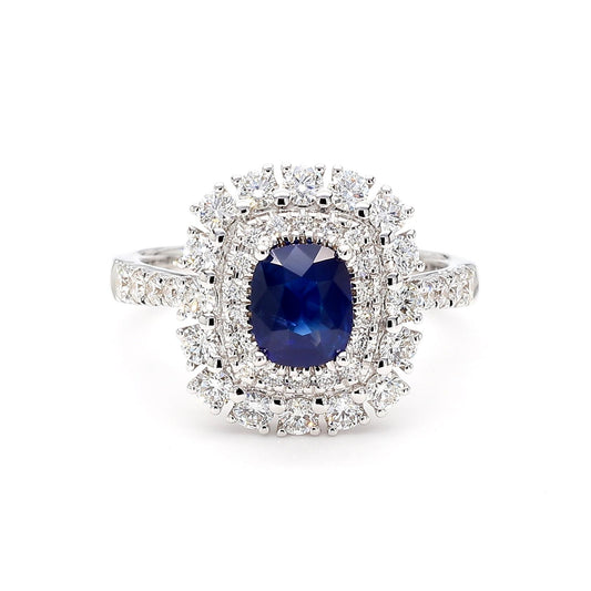 Natural Blue Cushion Sapphire and White Diamond 2.02 Carat TW Gold Cocktail Ring