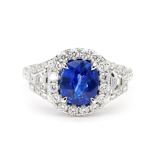 Natural Blue Cushion Sapphire and White Diamond 3.01 Carat TW Gold Cocktail Ring