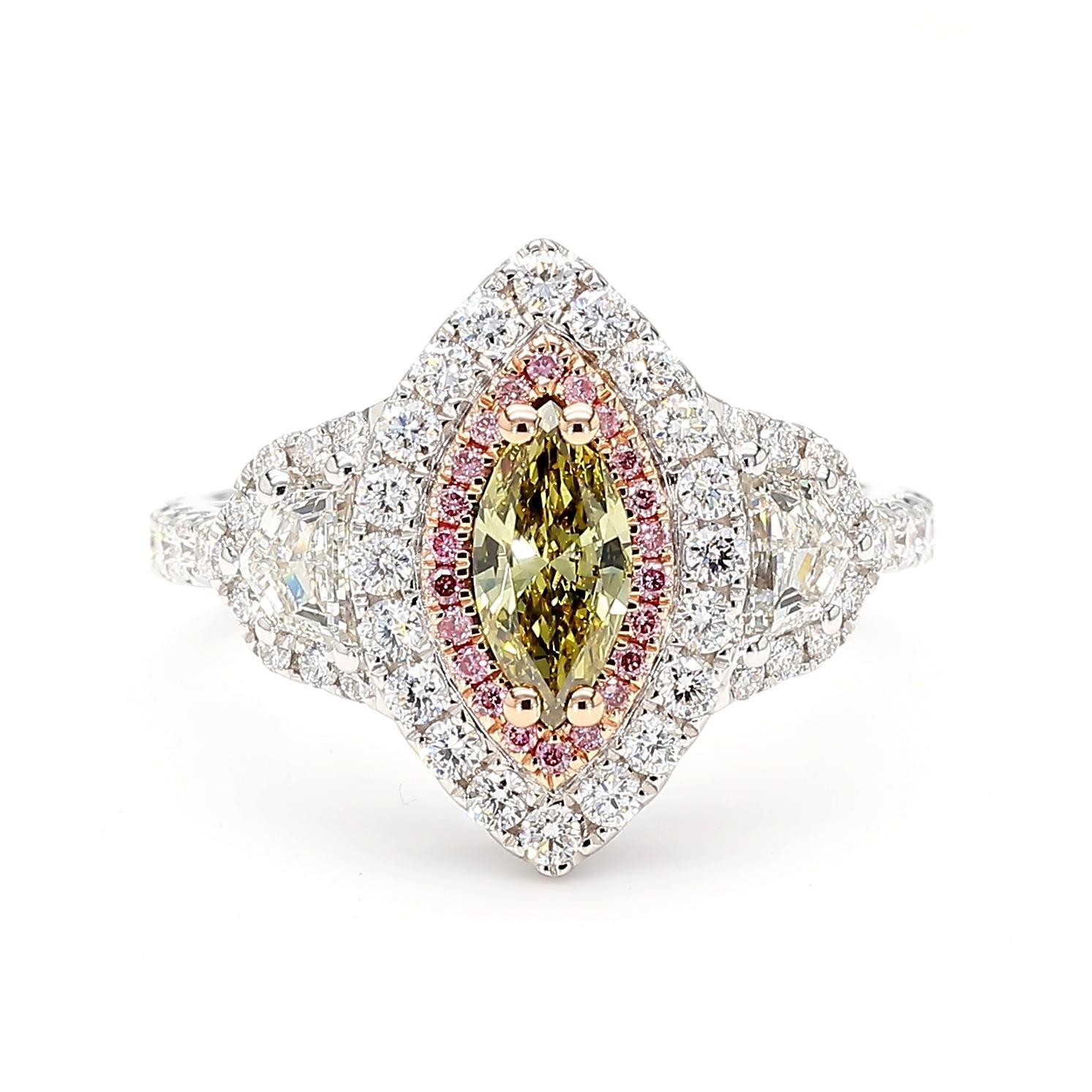 GIA Fancy Deep Brownish Greenish Yellow Marquise Diamond 1.60 Carat TW Gold Ring