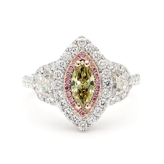 GIA Fancy Deep Brownish Greenish Yellow Marquise Diamond 1.60 Carat TW Gold Ring