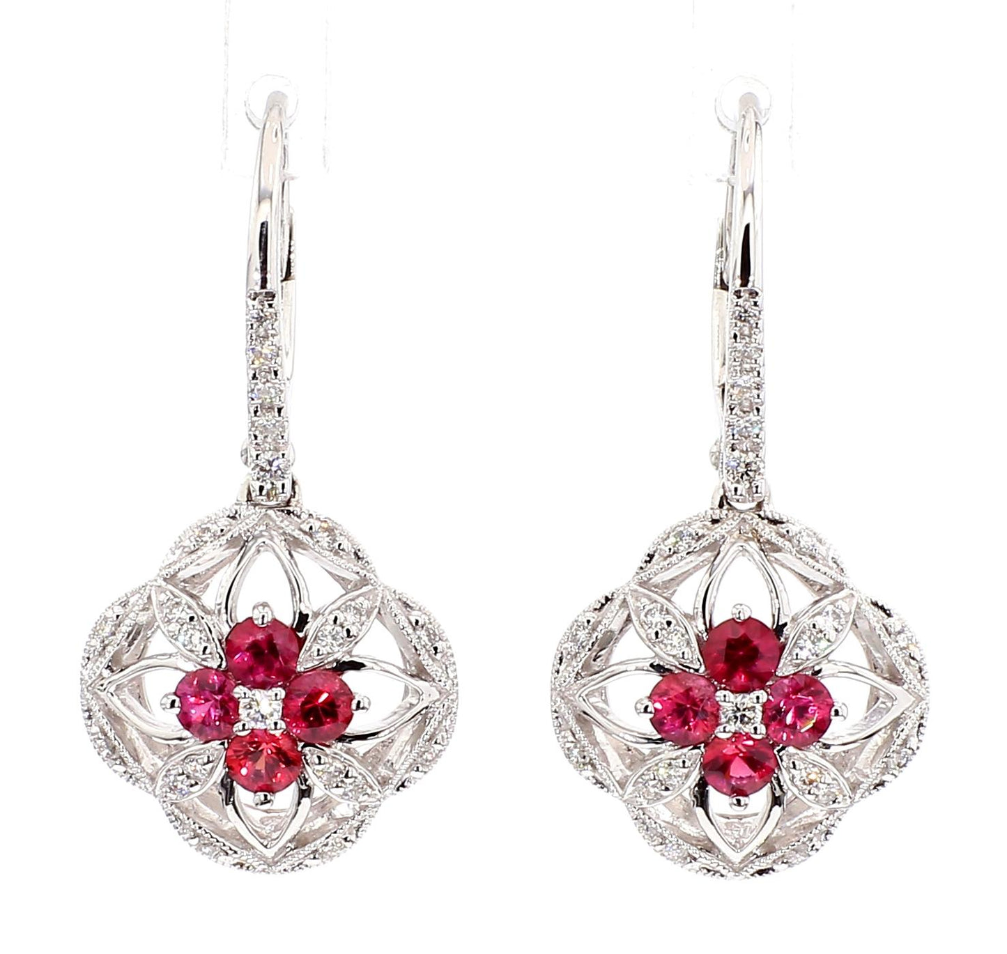 Natural Red Round Ruby and White Diamond 0.79 Carat TW White Gold Drop Earrings