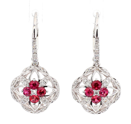 Natural Red Round Ruby and White Diamond 0.79 Carat TW White Gold Drop Earrings