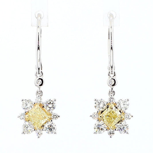 Natural Yellow Cushion Diamond 1.78 Carat TW Gold Drop Earrings