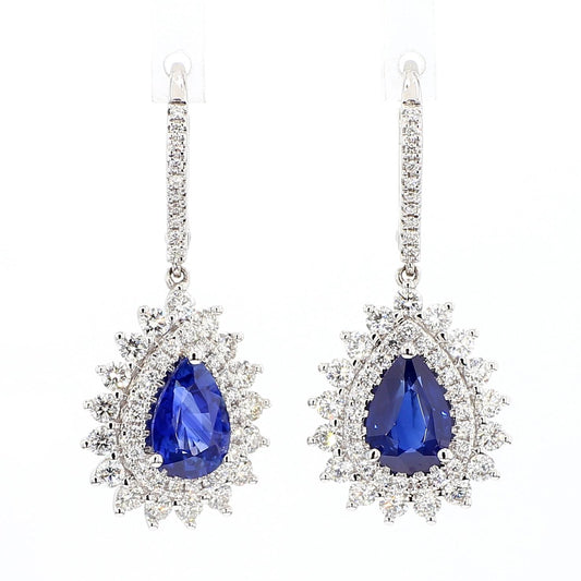 Natural Blue Pear Sapphire and White Diamond 4.40 Carat TW Gold Drop Earrings