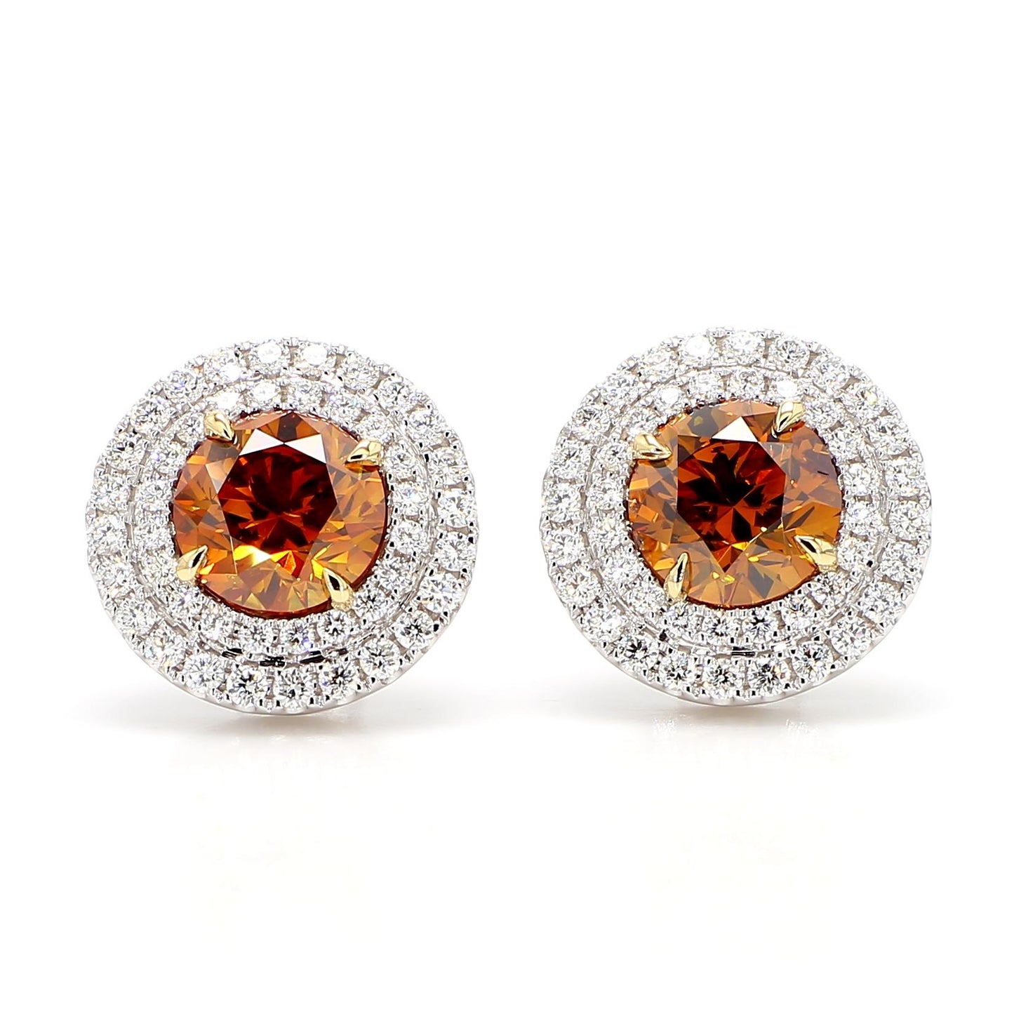 GIA Certified Fancy Deep Orange Round Diamond 6.35 Carat TW Gold Earrings
