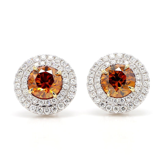GIA Certified Fancy Deep Orange Round Diamond 6.35 Carat TW Gold Earrings