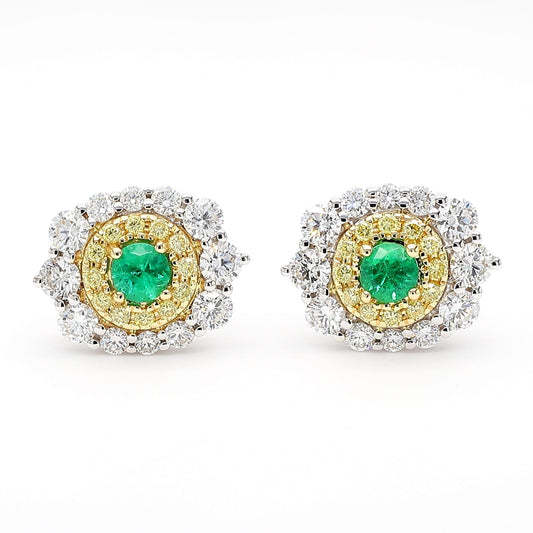 Natural Round Emerald and White Diamond 1.43 Carat TW Gold Stud Earrings