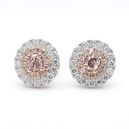 GIA Certified Fancy Brownish Pink Oval Diamond 0.97 Carat TW Gold Stud Earrings