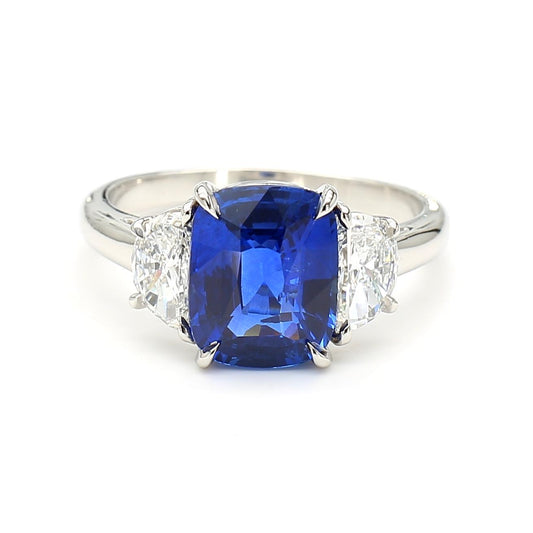 GIA Certified Blue Cushion Sapphire and White Diamond 3.70 Carat TW Plat Ring