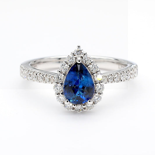 Natural Blue Pear Sapphire and White Diamond 1.56 Carat TW Gold Cocktail Ring