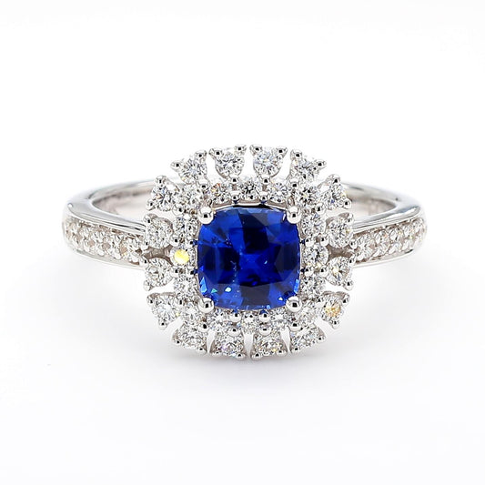 Natural Blue Cushion Sapphire and White Diamond 1.51 Carat TW Gold Cocktail Ring