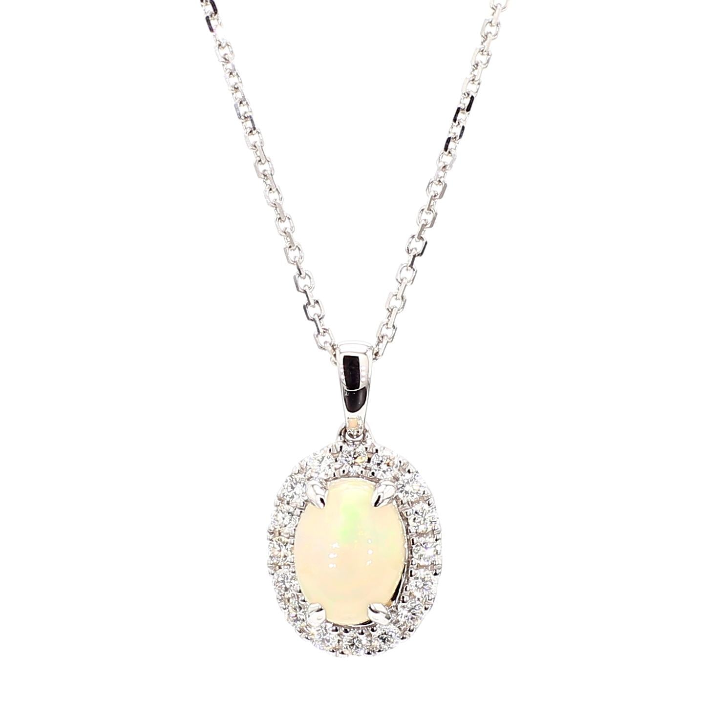 Natural Oval Opal and White Diamond 1.08 Carat TW Gold Drop Pendant