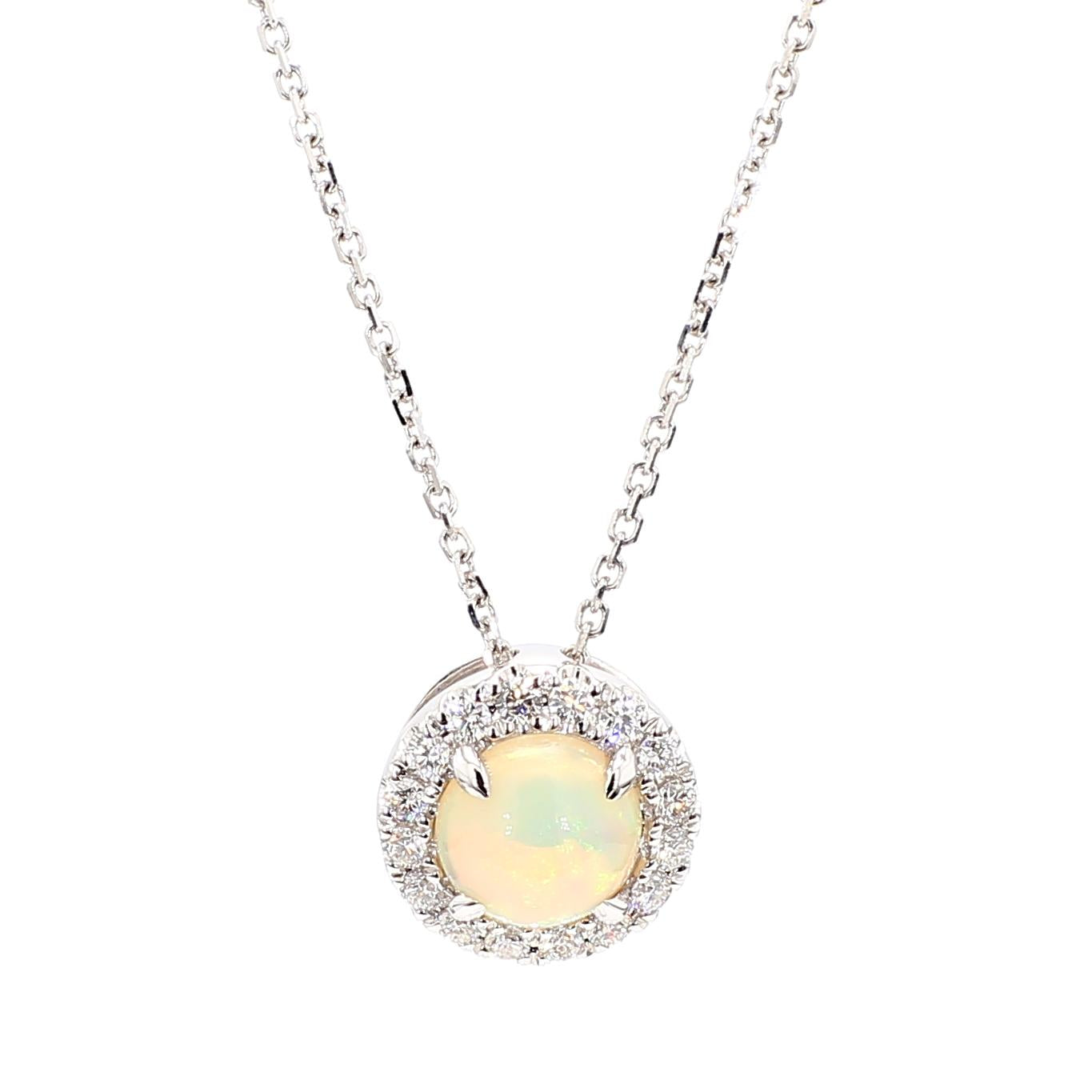 Natural Round Opal and White Diamond 1.16 Carat TW Gold Drop Pendant