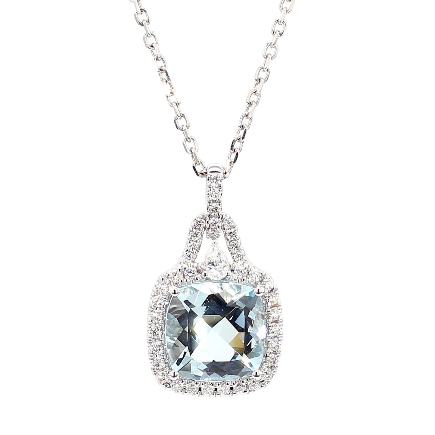 Natural Cushion Aquamarine and White Diamond 2.91 Carat TW Gold Drop Pendant