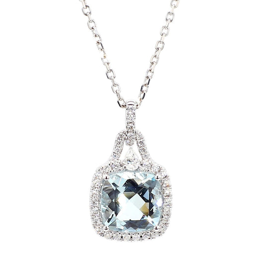 Natural Cushion Aquamarine and White Diamond 2.91 Carat TW Gold Drop Pendant