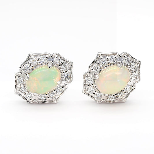 Natural Oval Opal and White Diamond 1.57 Carat TW White Gold Stud Earrings