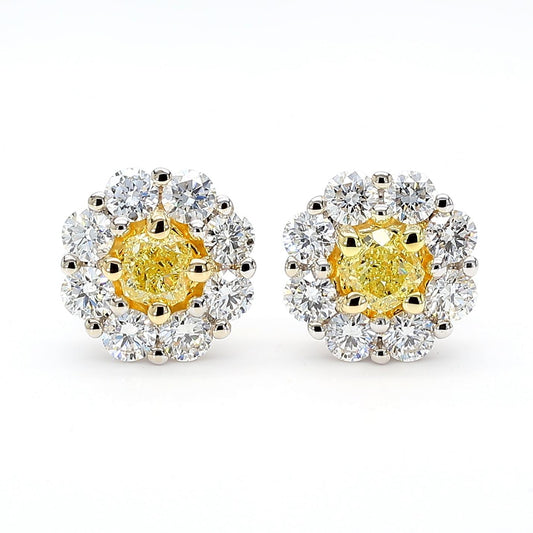 Natural Yellow Cushion Diamond 1.97 Carat TW Gold Stud Earrings