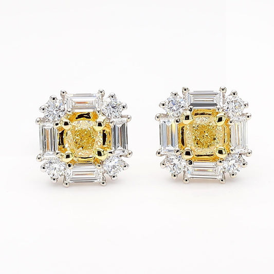Natural Yellow Cushion Diamond 1.65 Carat TW Gold Stud Earrings