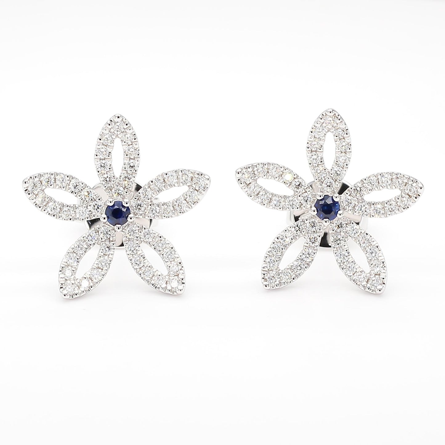 Natural Blue Round Sapphire and Diamond 0.59 Carat TW Gold Stud Earrings