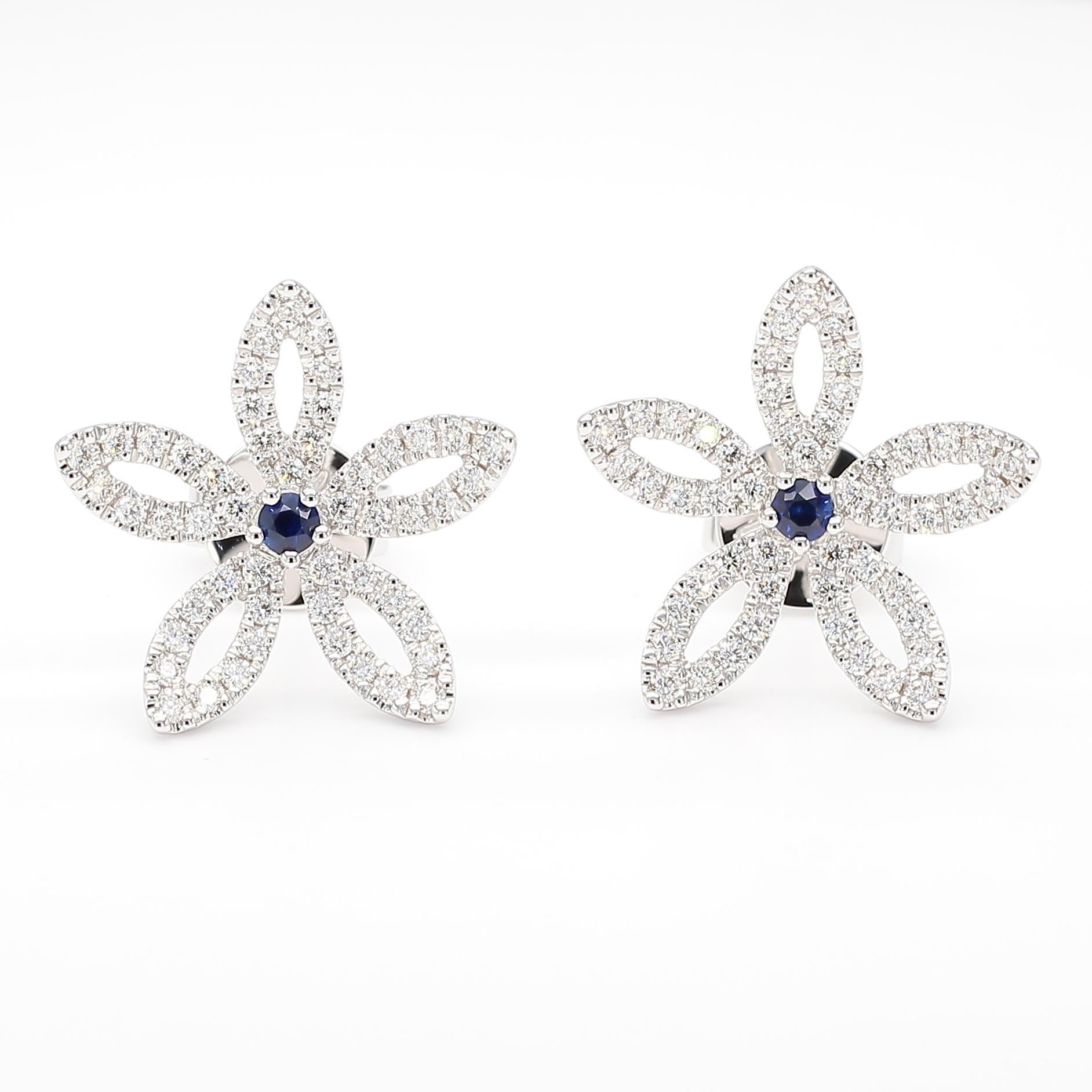 Natural Blue Round Sapphire and Diamond 0.59 Carat TW Gold Stud Earrings