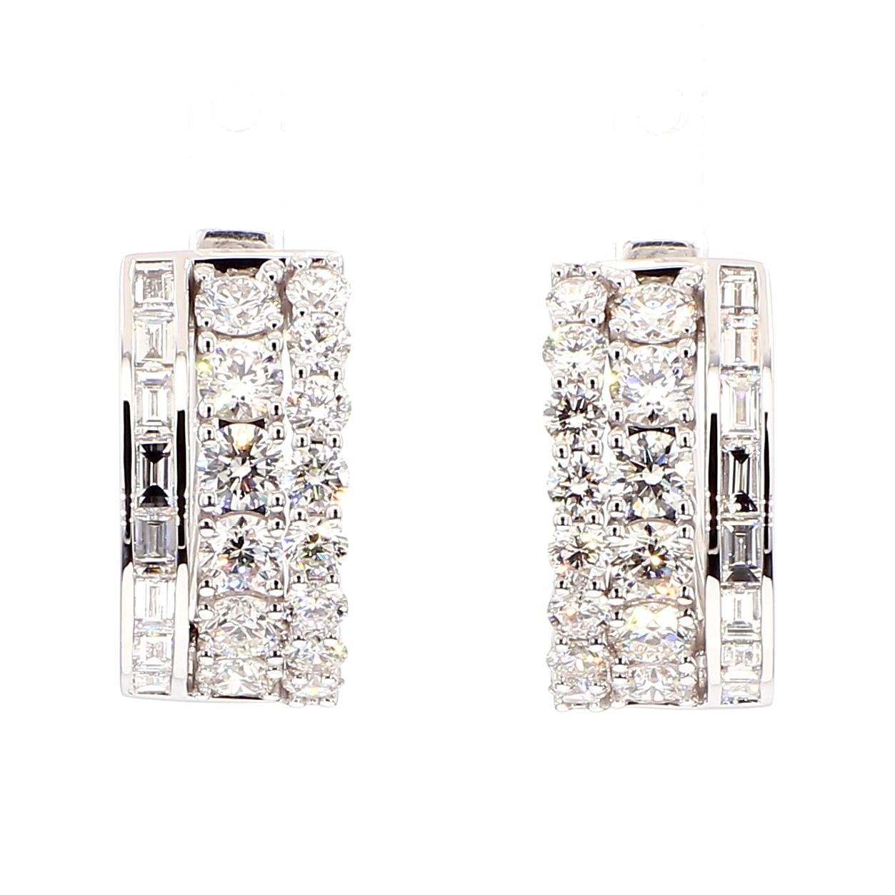 Natural White Baguette Diamond 3.01 Carat TW Gold Hoop Earrings