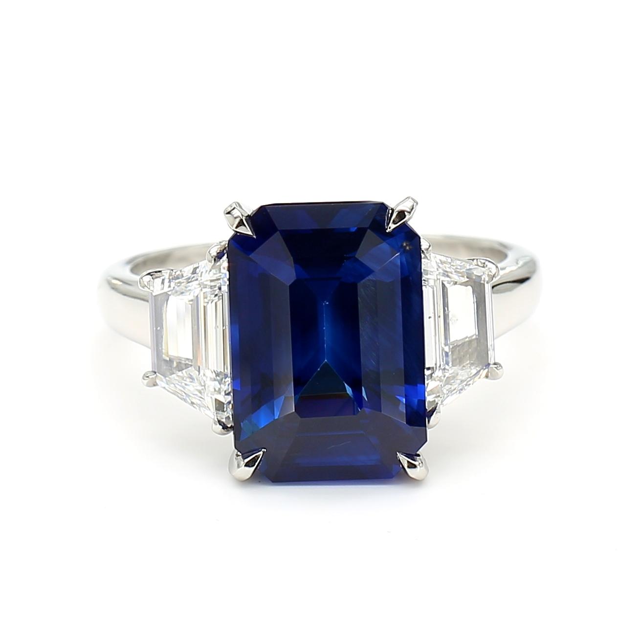 GIA Certified Natural Blue Octagon Sapphire and Diamond 6.06 Carat TW Ring