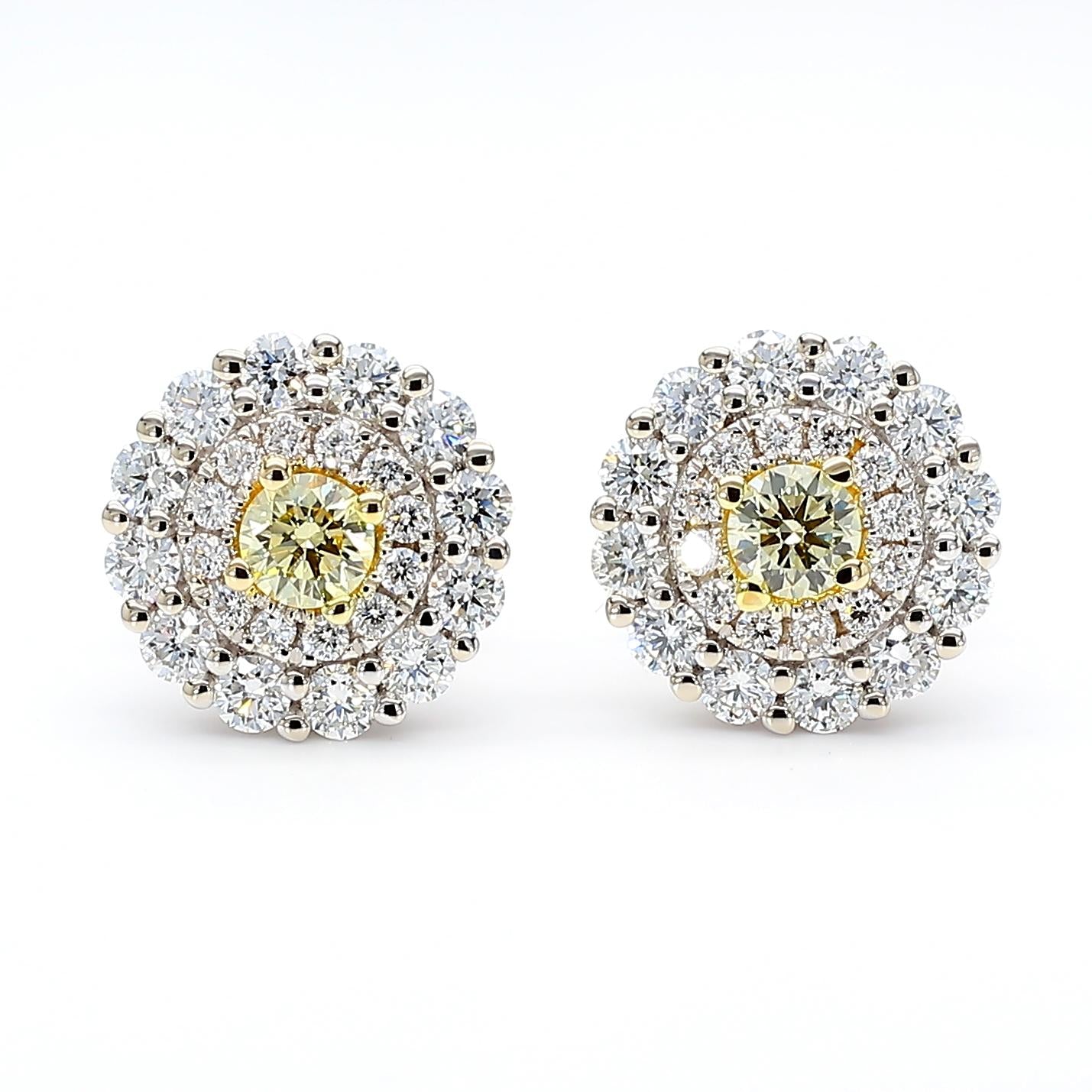 Natural Yellow Round Diamond 1.17 Carat TW Gold Stud Earrings