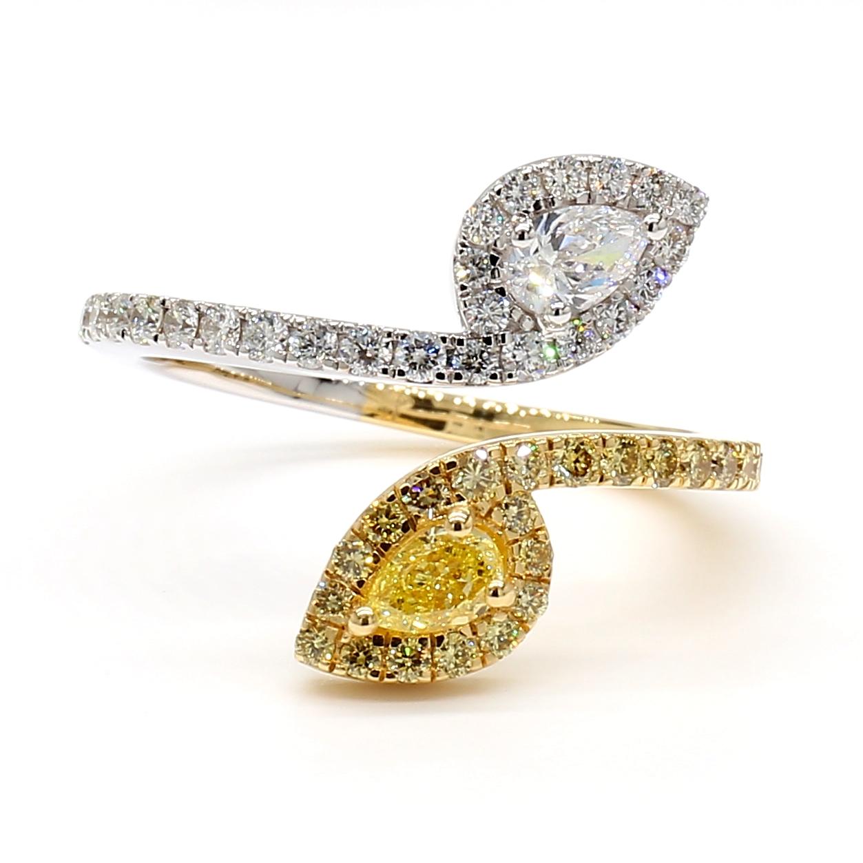 Natural Yellow Pear and White Diamond 1.10 Carat TW Yellow Gold Cocktail Ring