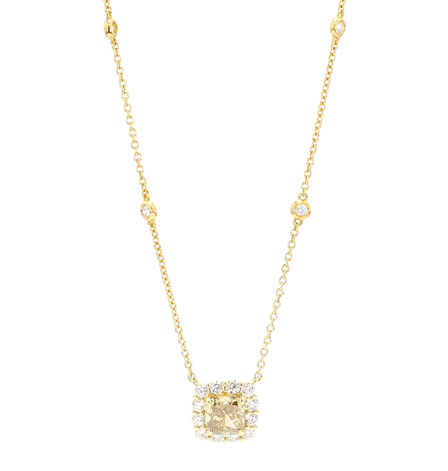 GIA Fancy Brownish Greenish Yellow Diamond 1.48 Carat TW Gold Necklace