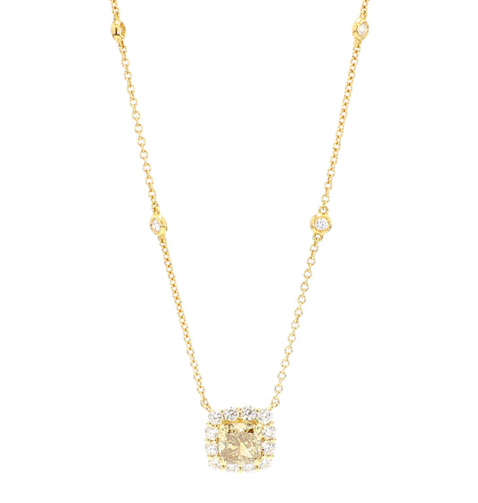 GIA Fancy Brownish Greenish Yellow Diamond 1.48 Carat TW Gold Necklace