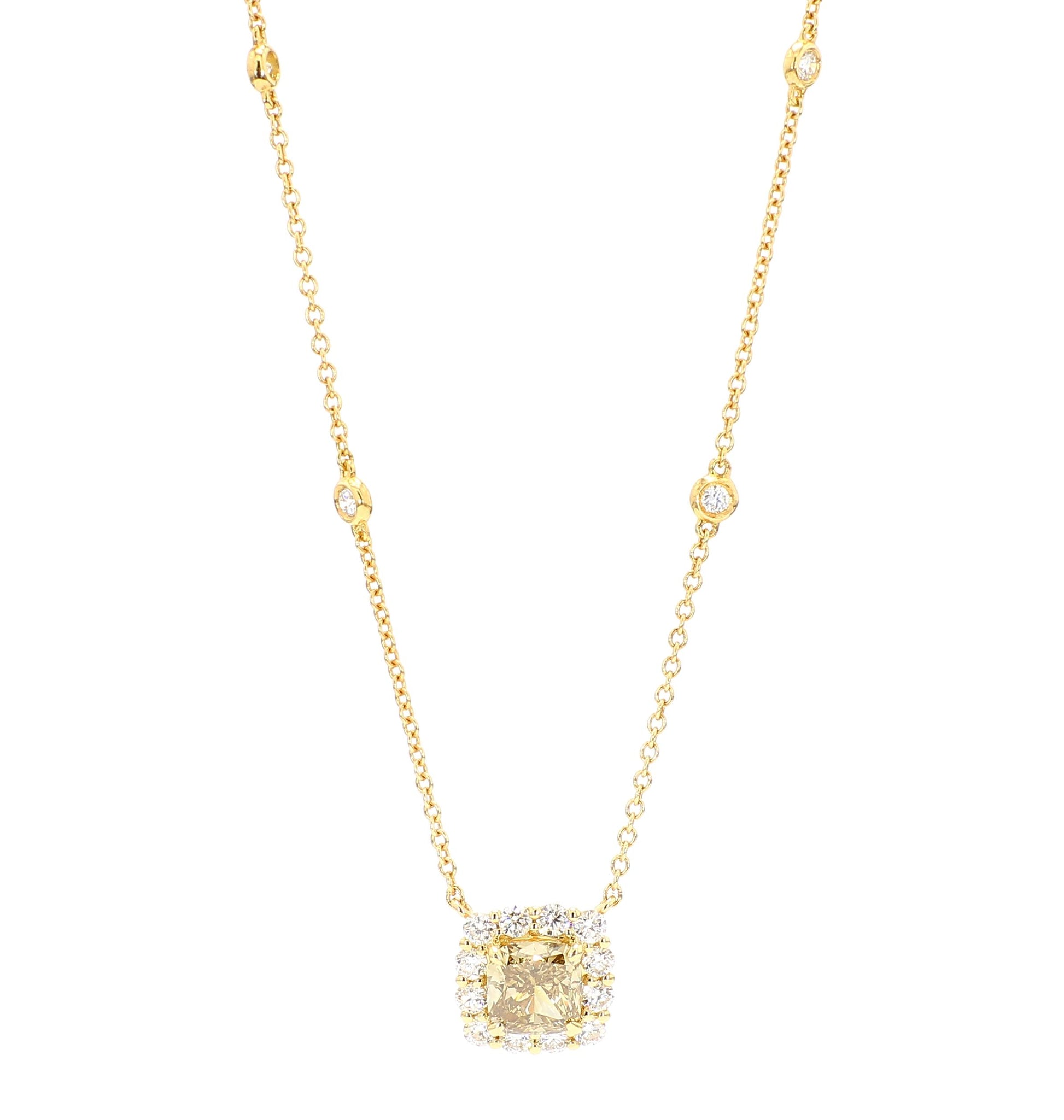 GIA Fancy Brownish Greenish Yellow Diamond 1.48 Carat TW Gold Necklace
