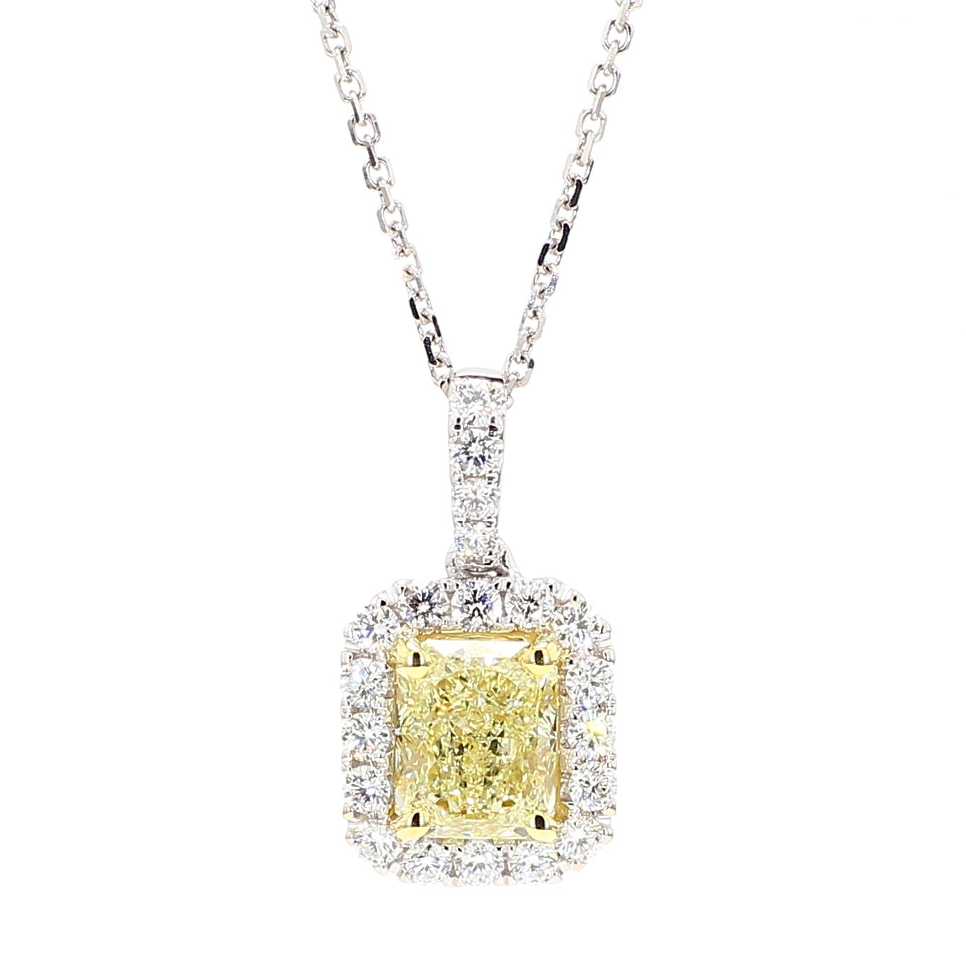 GIA Certified Natural Yellow Radiant Diamond 1.96 Carat TW Gold Drop Pendant