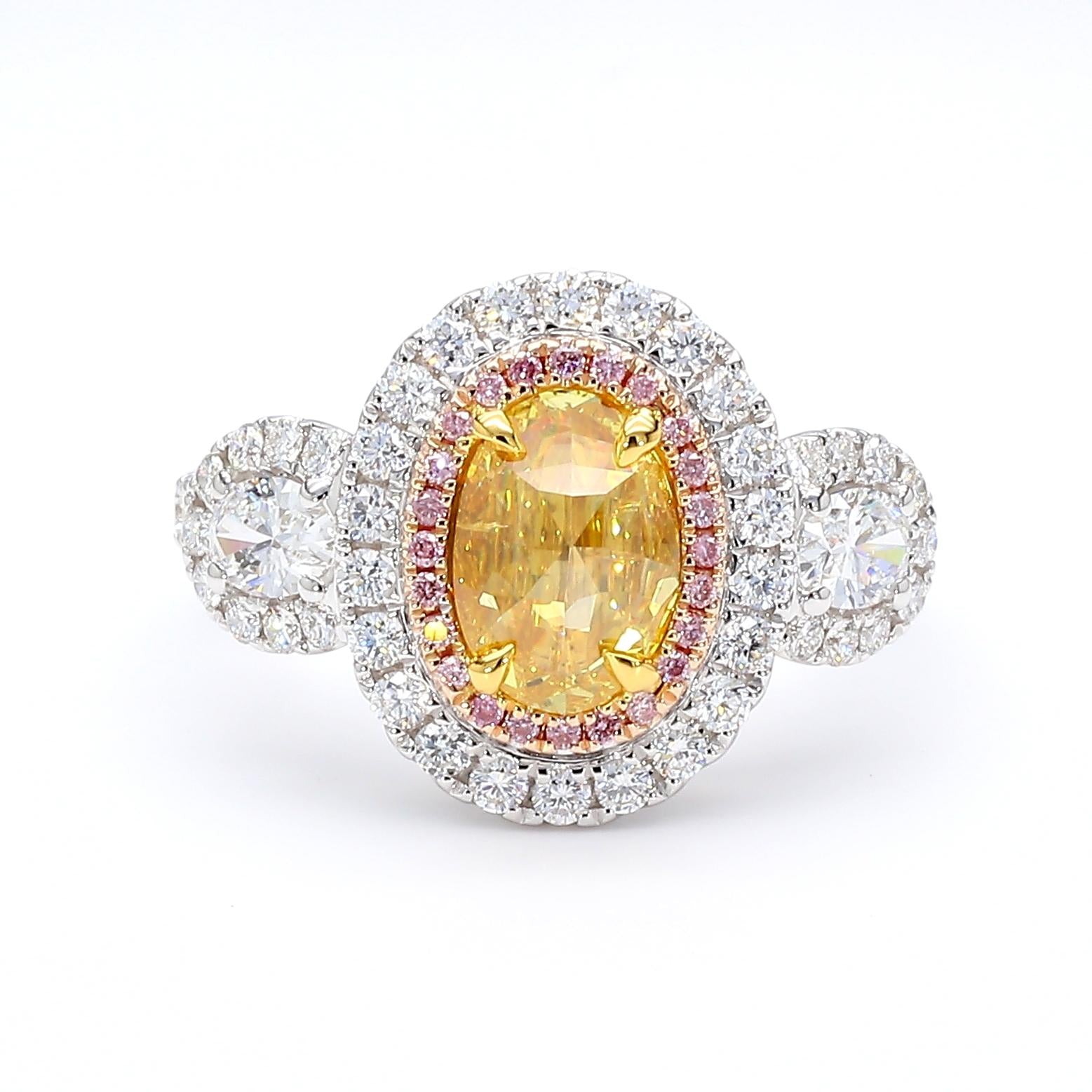 GIA Certified Fancy Vivid Yellow Oval Diamond 2.04 Carat TW Gold Cocktail Ring